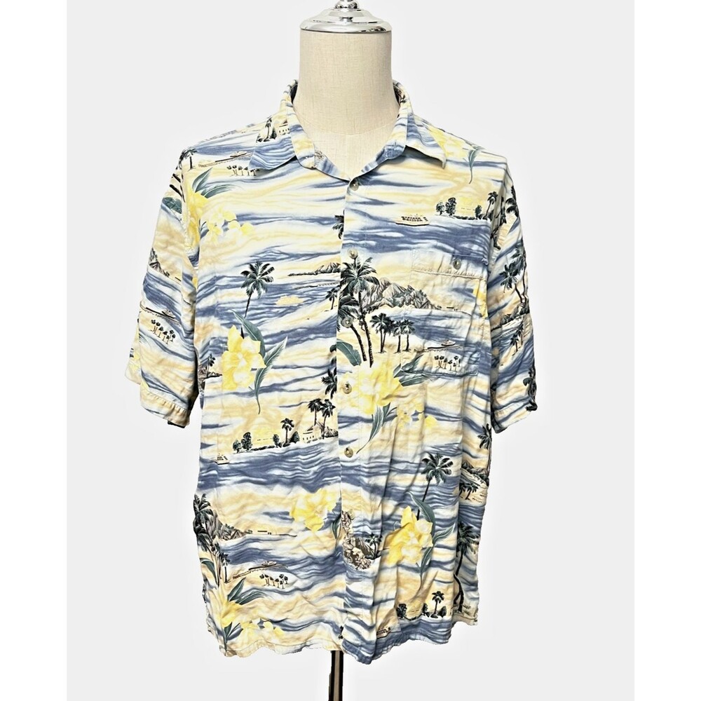 Vtg PIERRE CARDIN Hawaiian Aloha Shirt Mens XL RAYON Yellow Blue Tropical Floral
